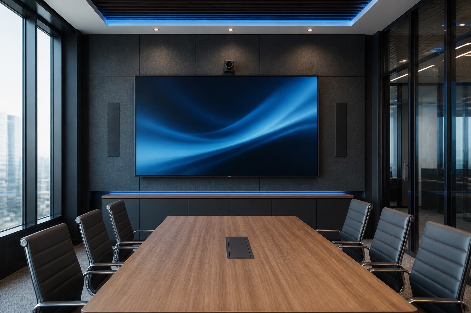 Modern conference room with a clean wall-mounted presentation display and video conferencing camera