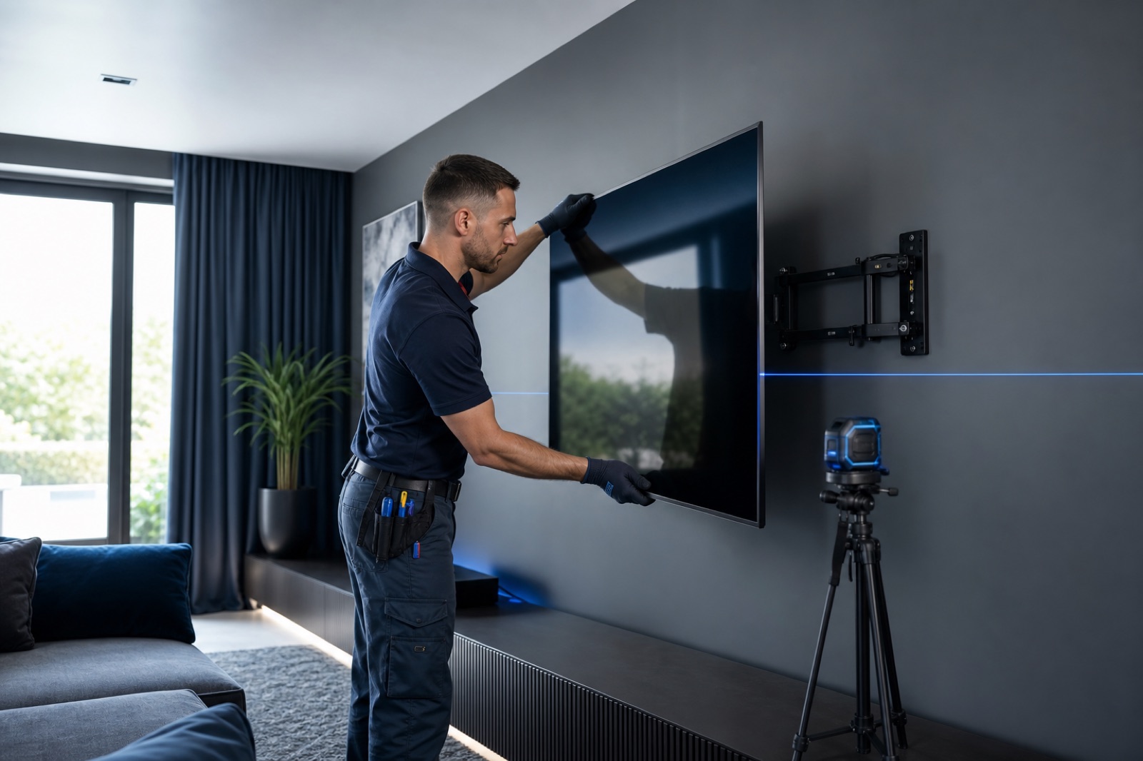 Technician aligning a large wall-mounted TV with a laser level